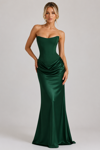 Women's Boned Corset Satin Maxi Dress with High Slit for Evening Elegance