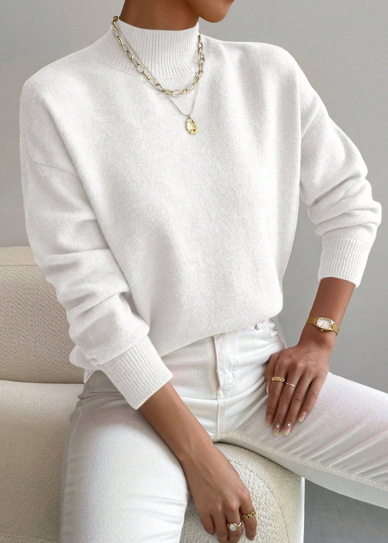 Women¡¯s Wool Blend Mock Neck Pullover with Relaxed Drop Shoulder