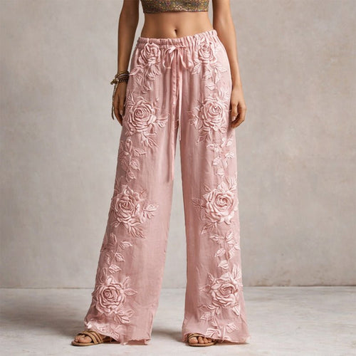 Rosie | Floral Embroidered Elastic Waist Wide Leg Casual Pants