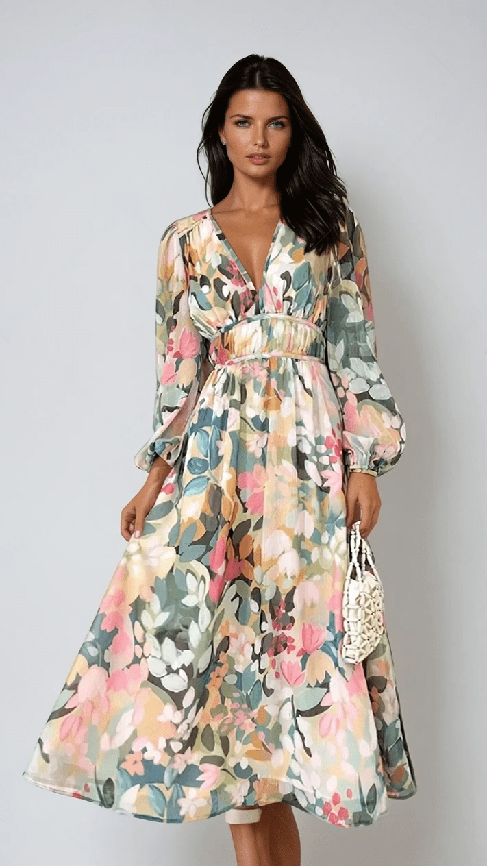 Women’s Midi Dress Floral Print V-Neck Long Sleeve Smocked Waist Gown