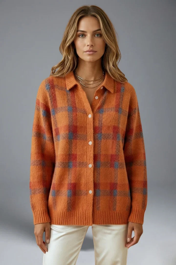 Women's Cardigan Sweater | Plaid Button Front Collar