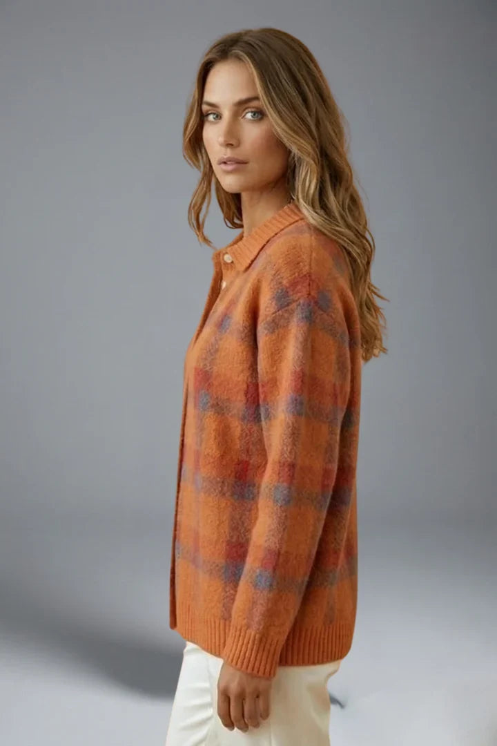 Women's Cardigan Sweater | Plaid Button Front Collar