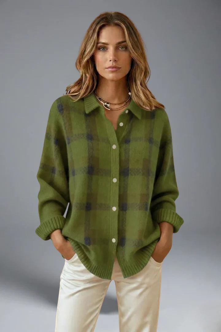 Women's Cardigan Sweater | Plaid Button Front Collar