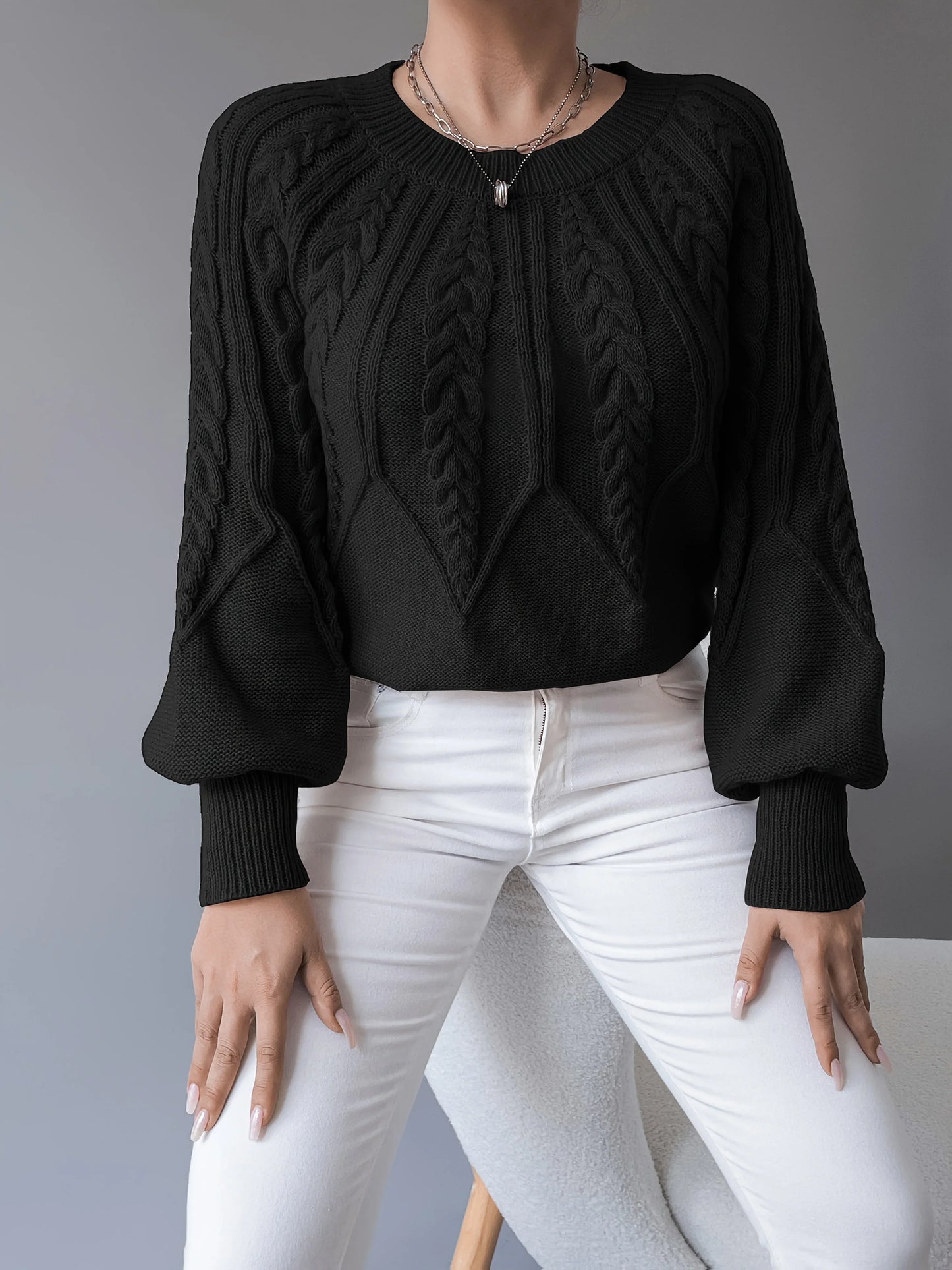 Women's Chunky Knit Sweater | Cable Knit Lantern Sleeve