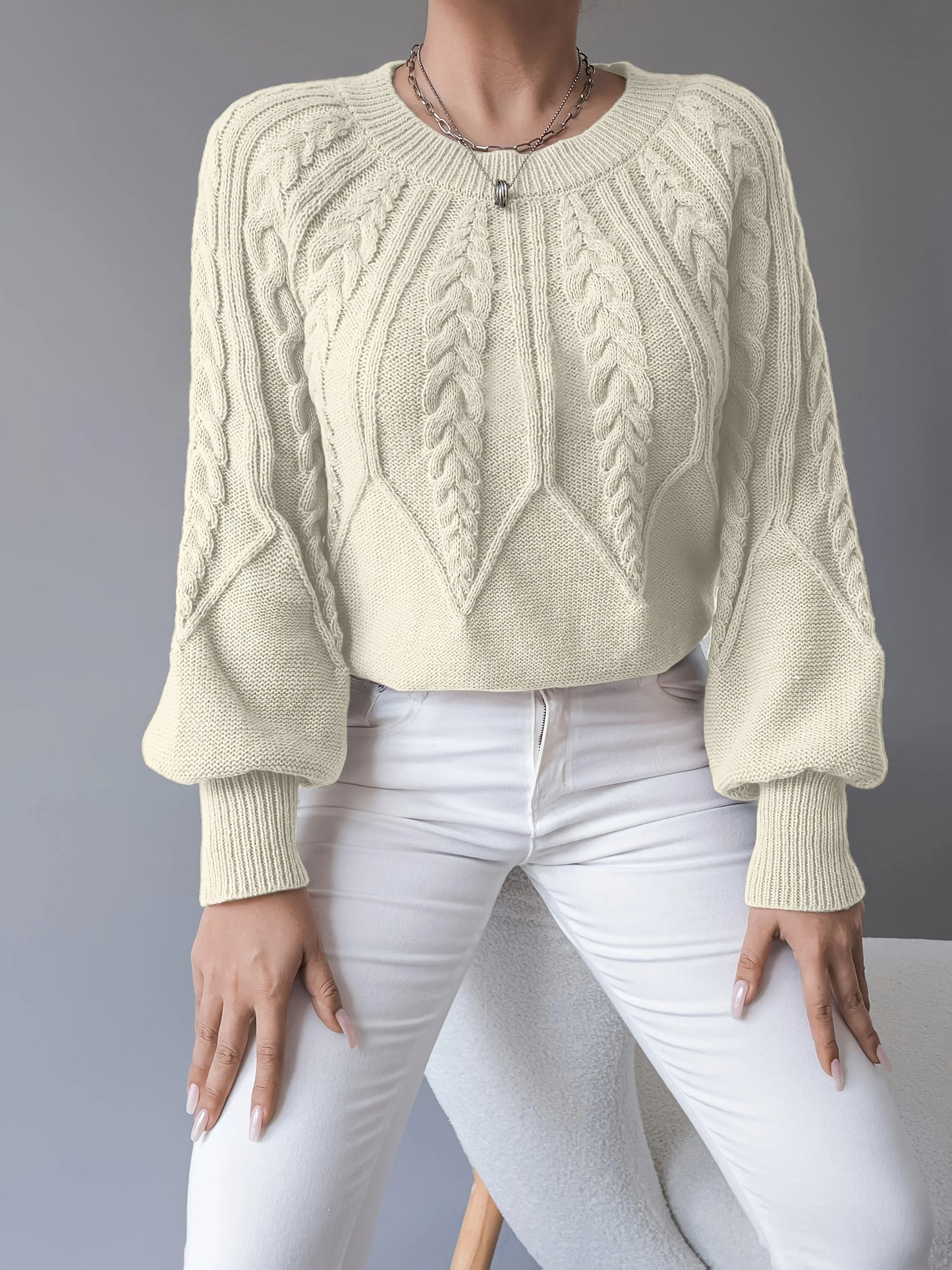Women's Chunky Knit Sweater | Cable Knit Lantern Sleeve