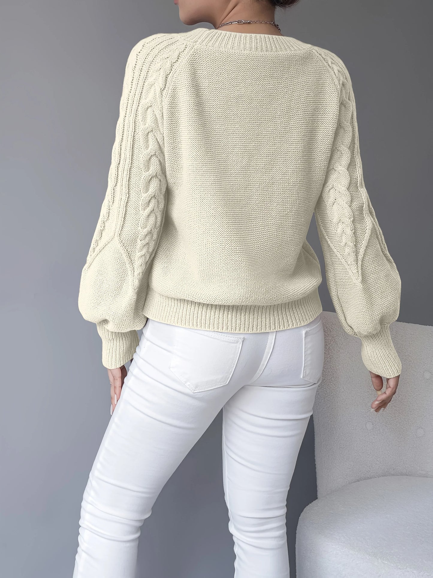 Women's Chunky Knit Sweater | Cable Knit Lantern Sleeve