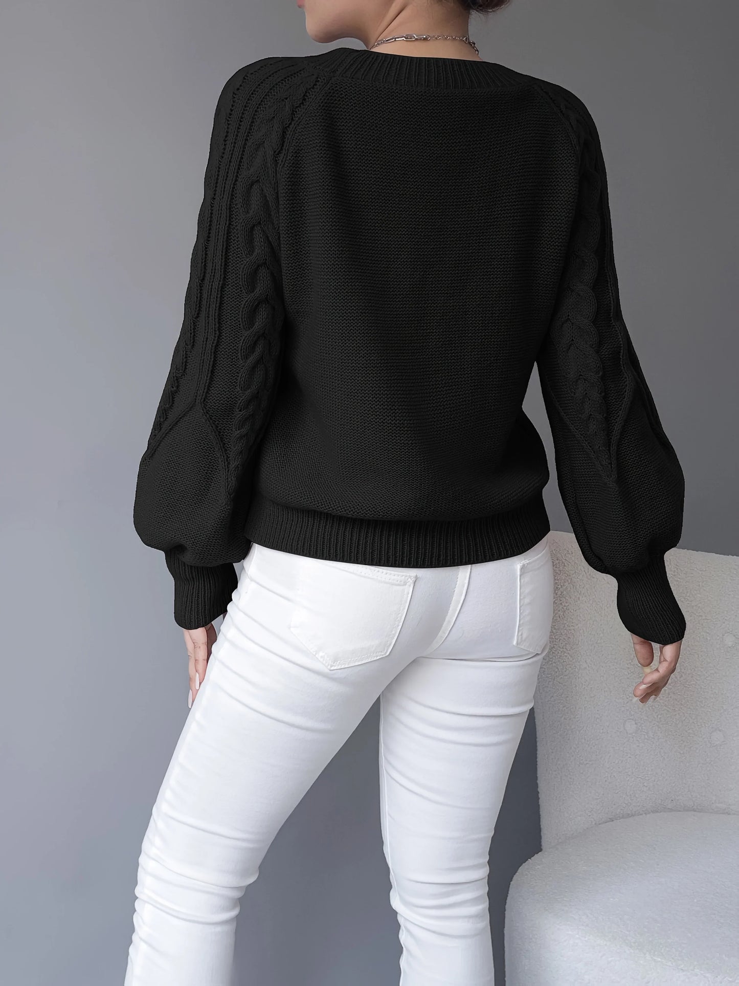 Women's Chunky Knit Sweater | Cable Knit Lantern Sleeve