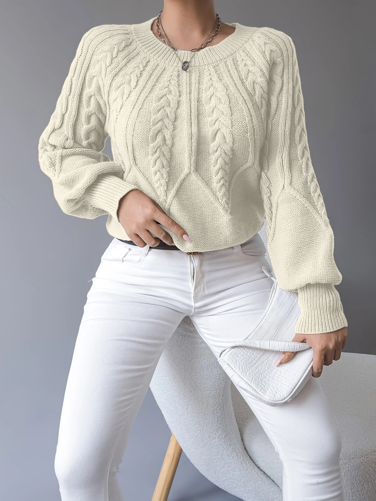 Women's Chunky Knit Sweater | Cable Knit Lantern Sleeve