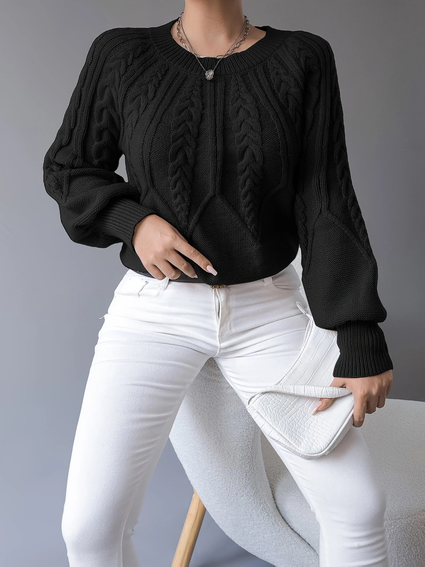 Women's Chunky Knit Sweater | Cable Knit Lantern Sleeve
