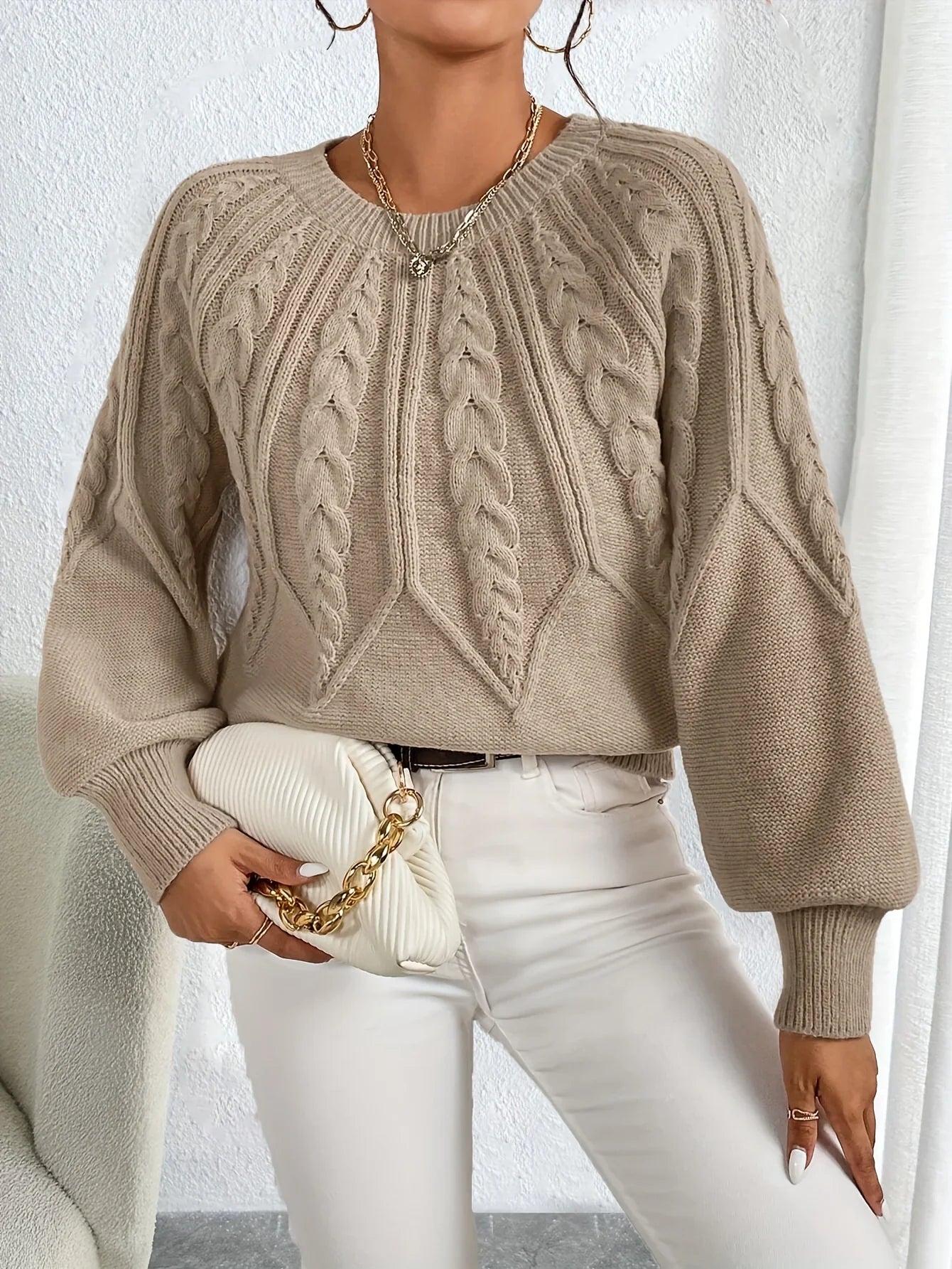 Women's Chunky Knit Sweater | Cable Knit Lantern Sleeve