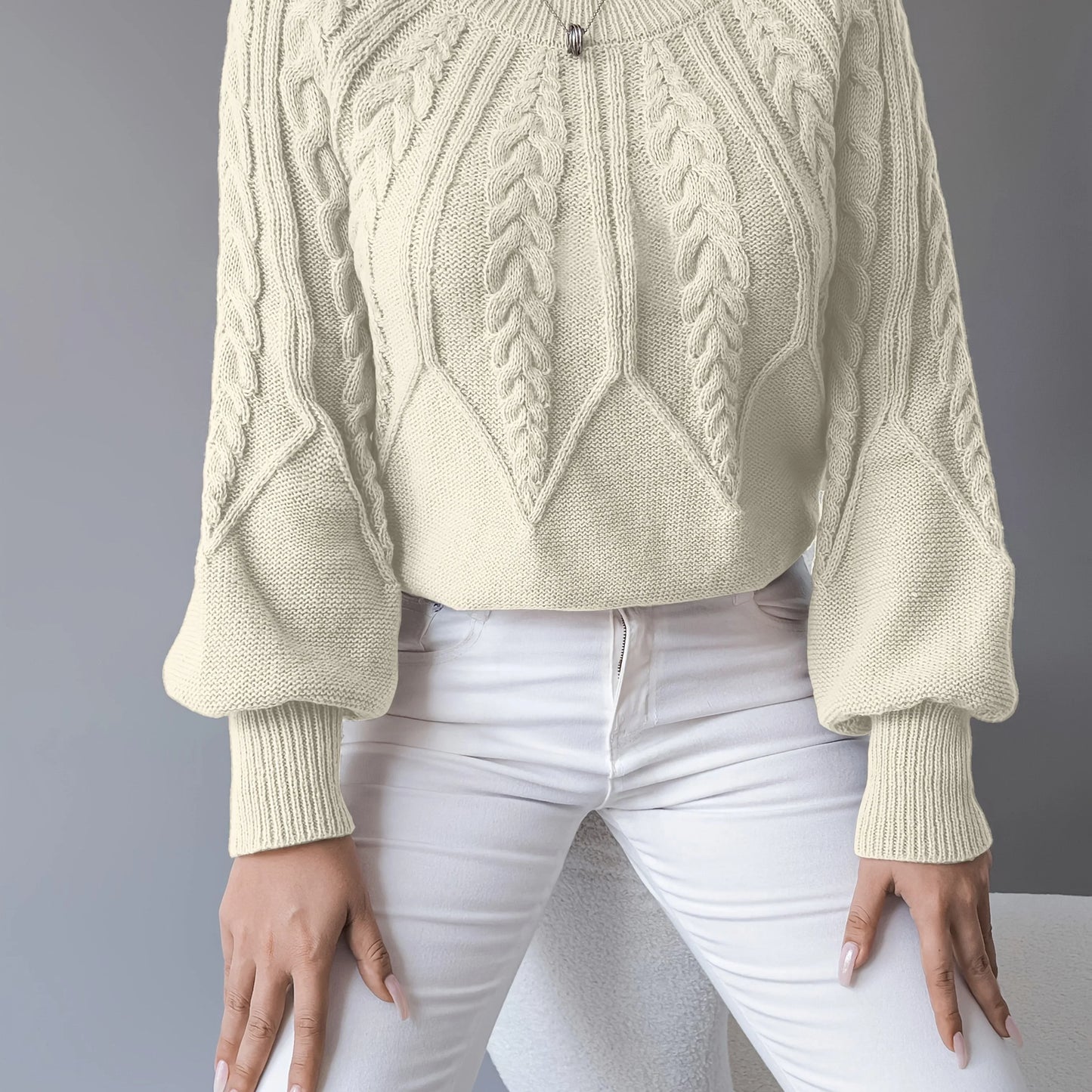 Women's Chunky Knit Sweater | Cable Knit Lantern Sleeve