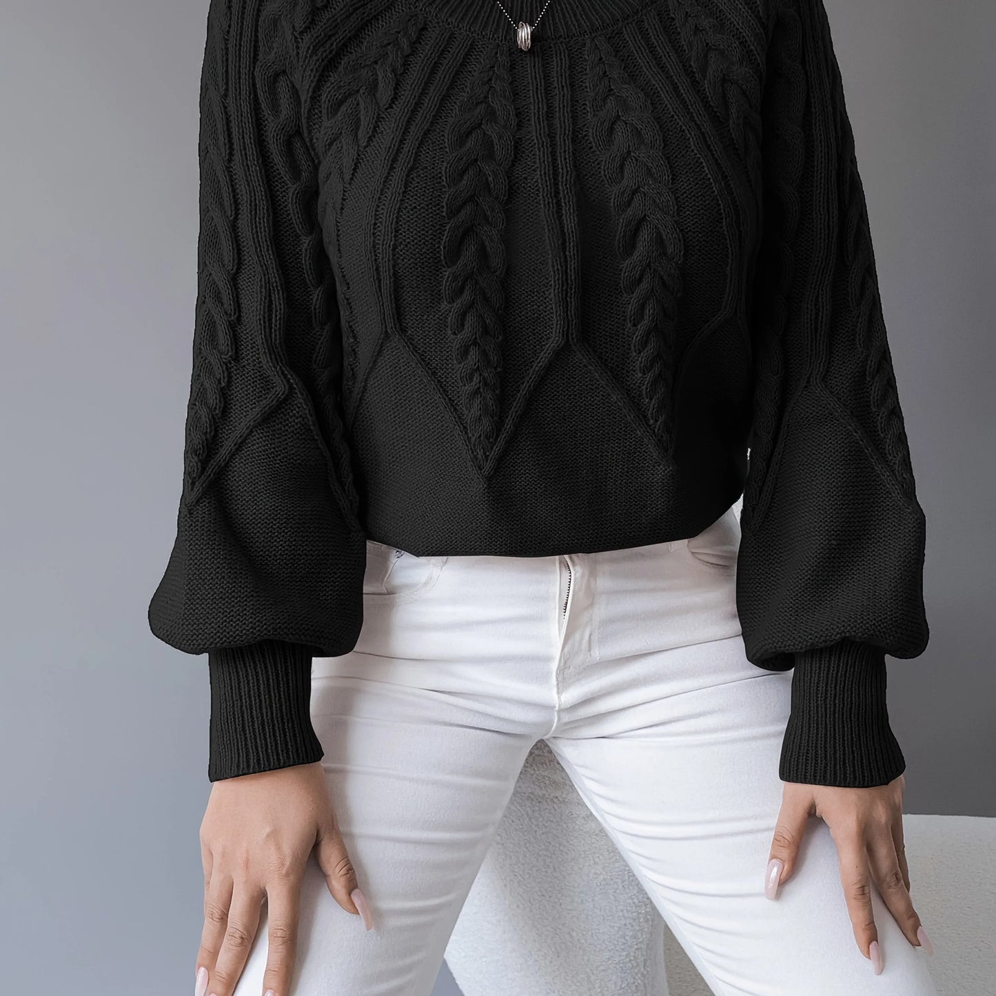 Women's Chunky Knit Sweater | Cable Knit Lantern Sleeve