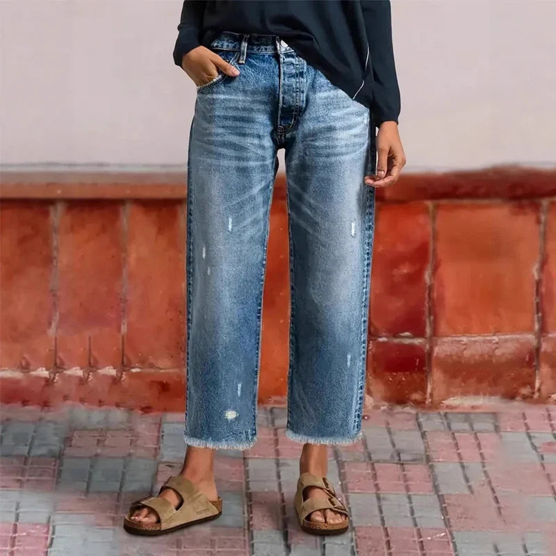 Women's Jeans | Straight Leg Distressed Button Fly