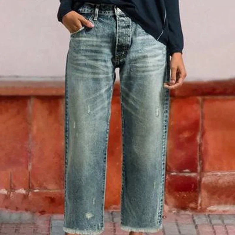 Women's Jeans | Straight Leg Distressed Button Fly
