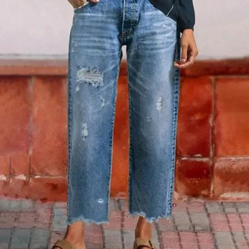 Women's Jeans | Straight Leg Distressed Button Fly