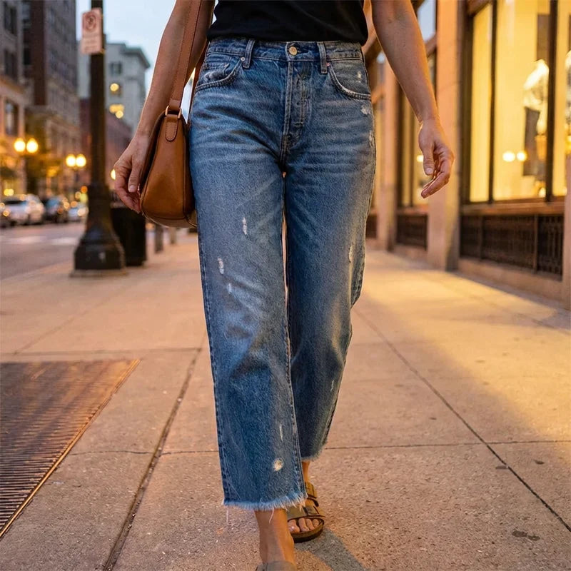 Women's Jeans | Straight Leg Distressed Button Fly