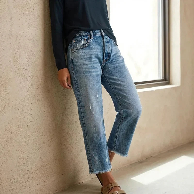 Women's Jeans | Straight Leg Distressed Button Fly