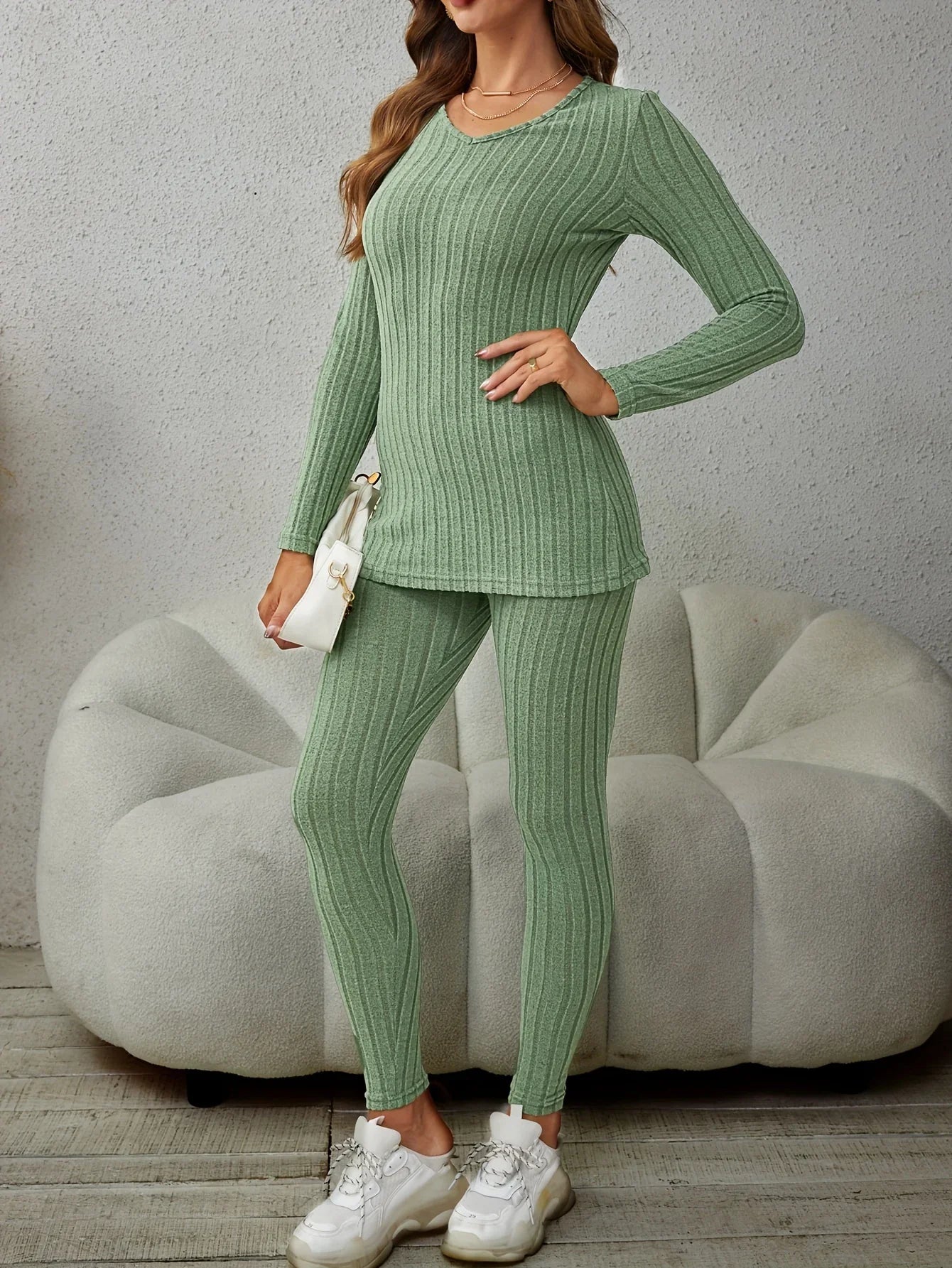 Women's Matching Set | Ribbed Long Sleeve Top Pants