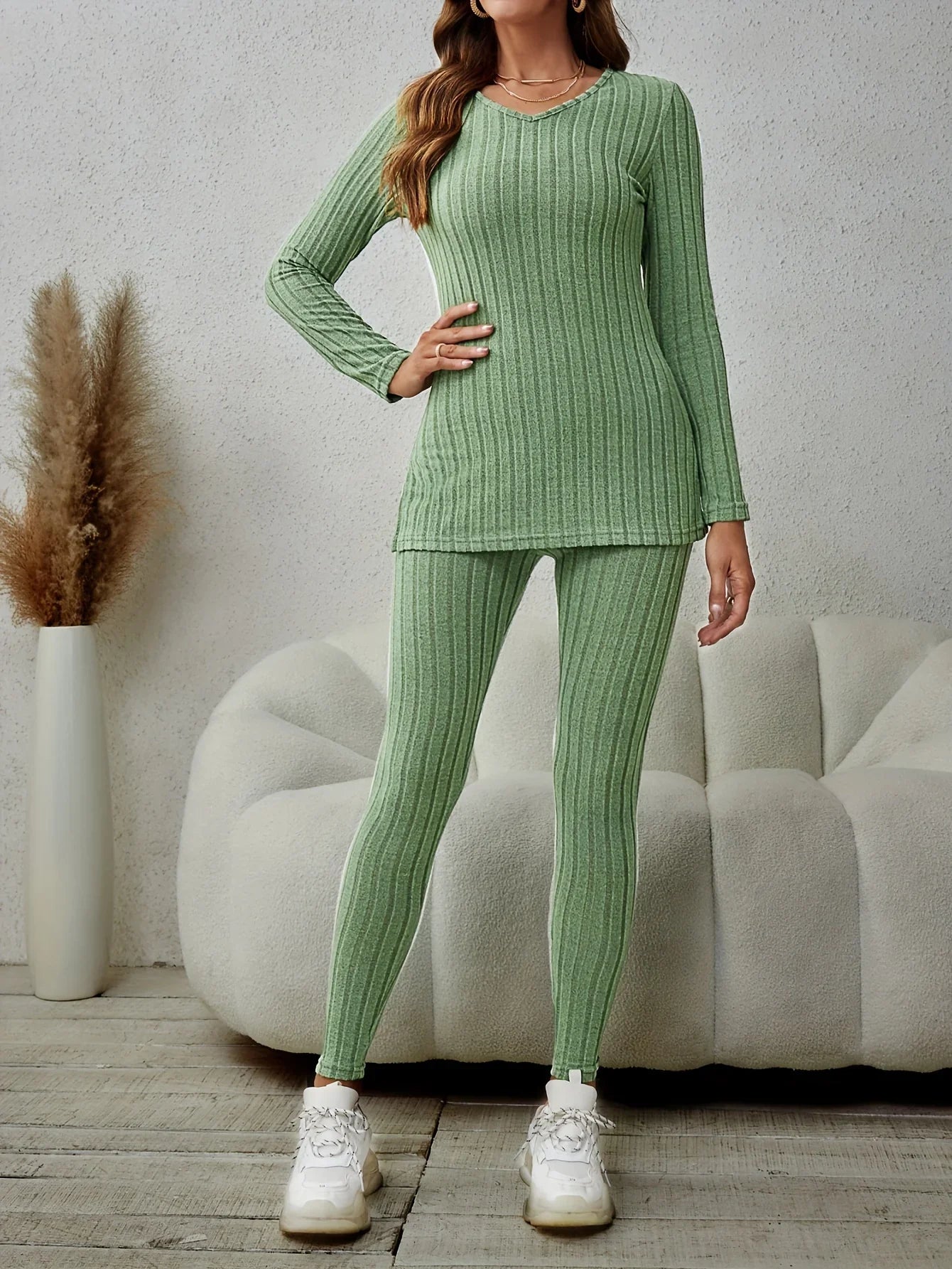 Women's Matching Set | Ribbed Long Sleeve Top Pants