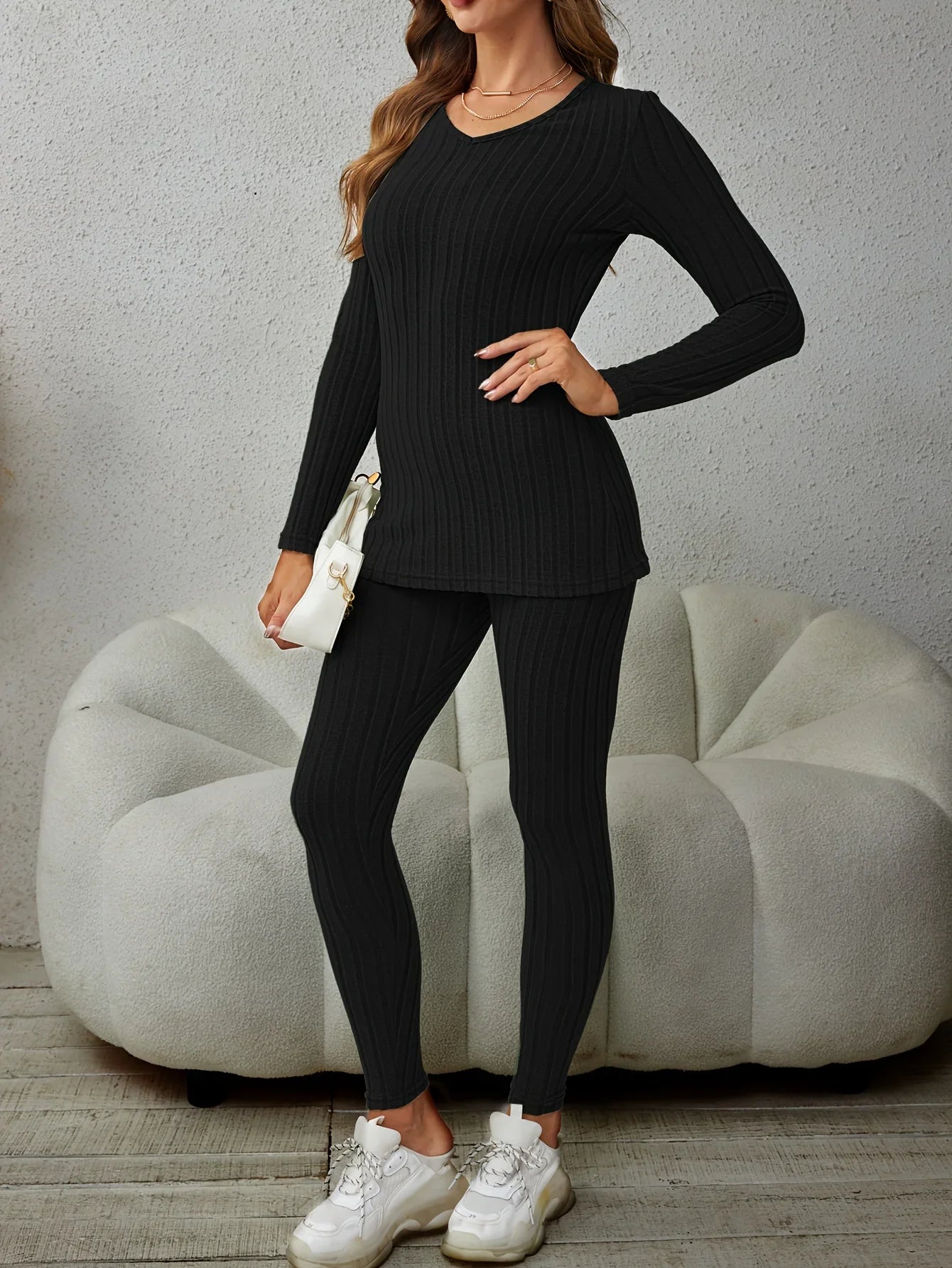 Women's Matching Set | Ribbed Long Sleeve Top Pants