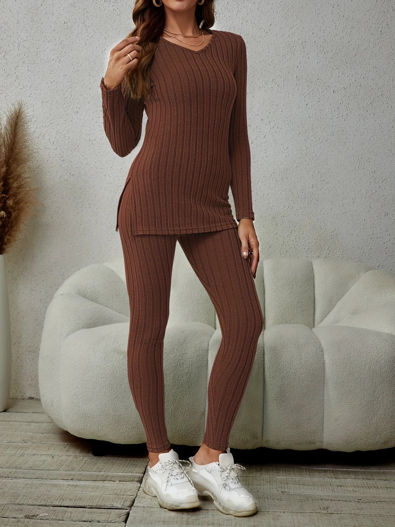 Women's Matching Set | Ribbed Long Sleeve Top Pants