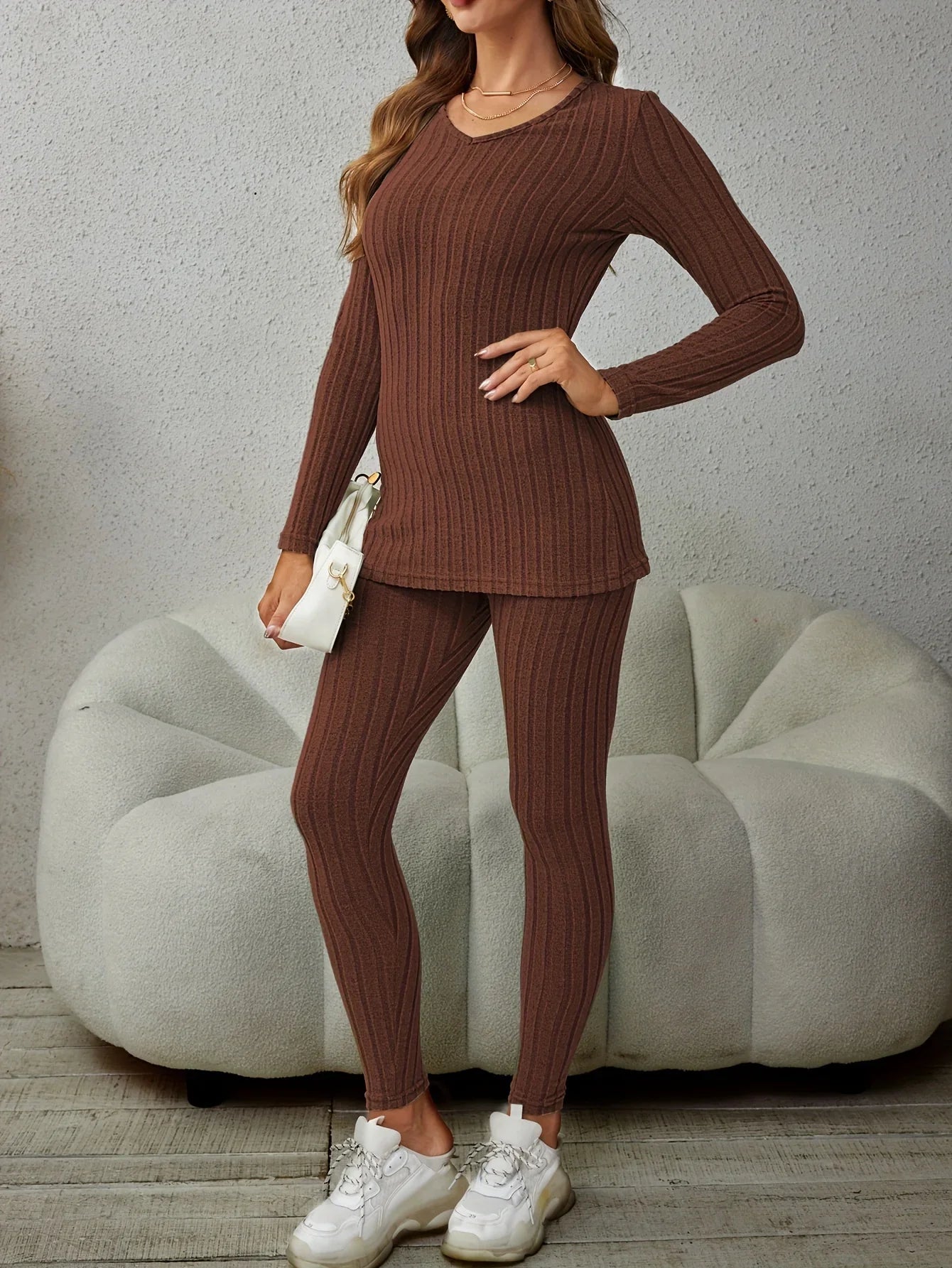 Women's Matching Set | Ribbed Long Sleeve Top Pants