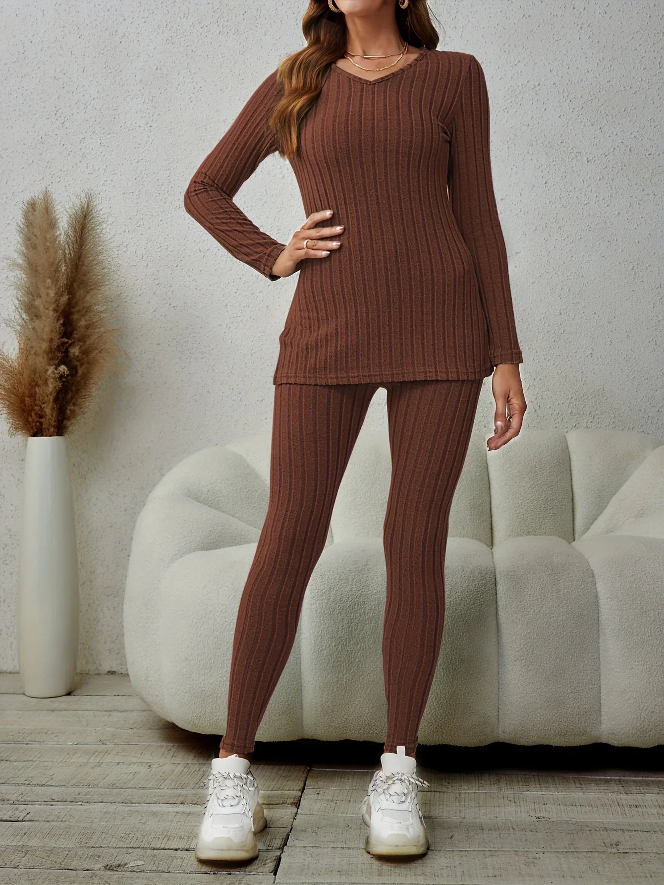 Women's Matching Set | Ribbed Long Sleeve Top Pants