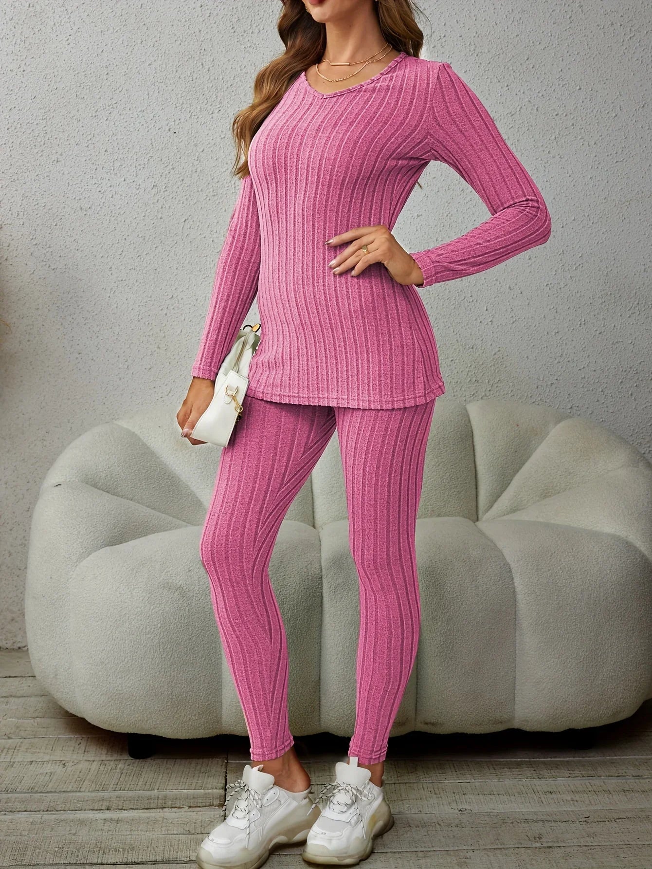 Women's Matching Set | Ribbed Long Sleeve Top Pants