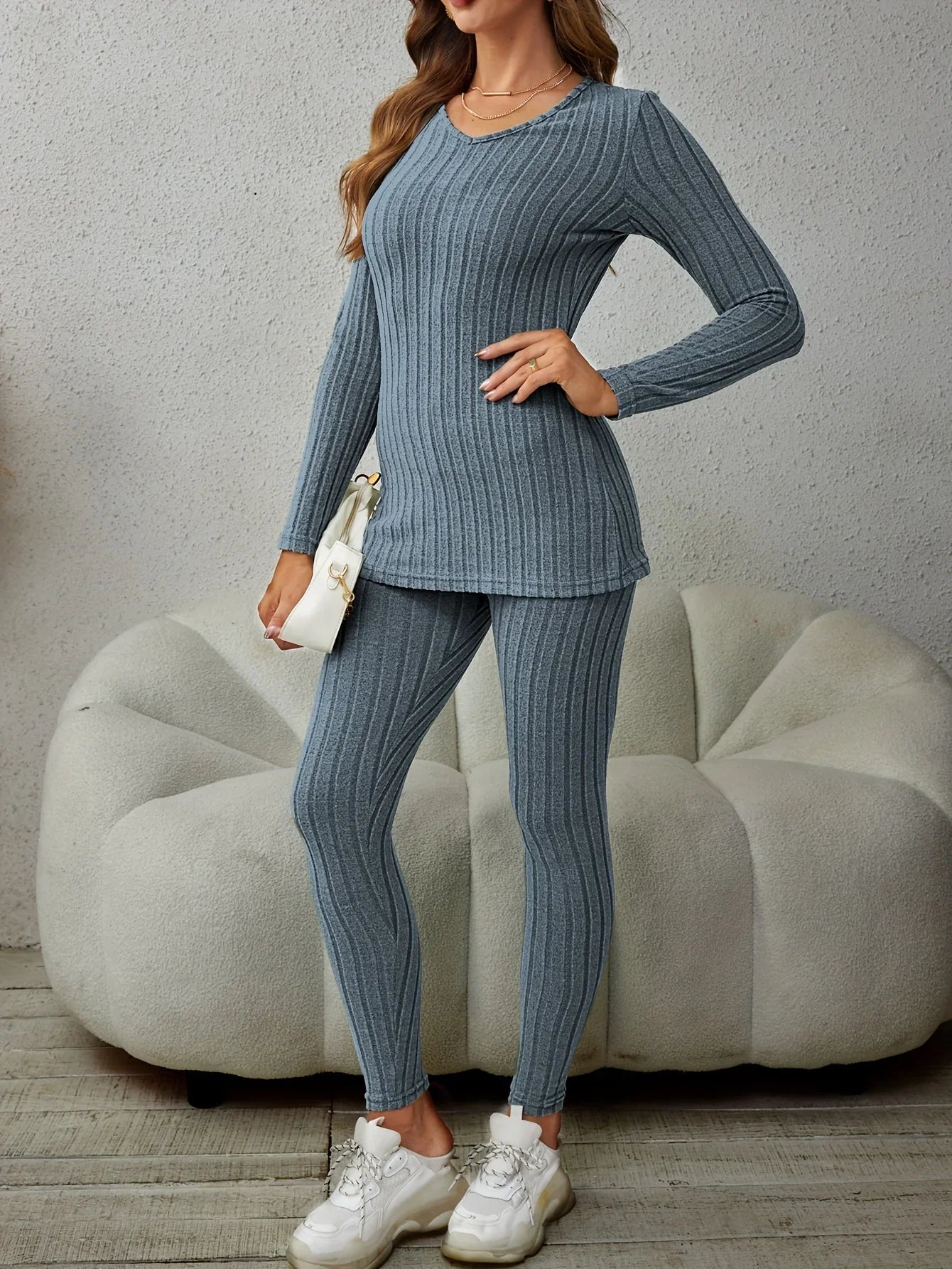 Women's Matching Set | Ribbed Long Sleeve Top Pants