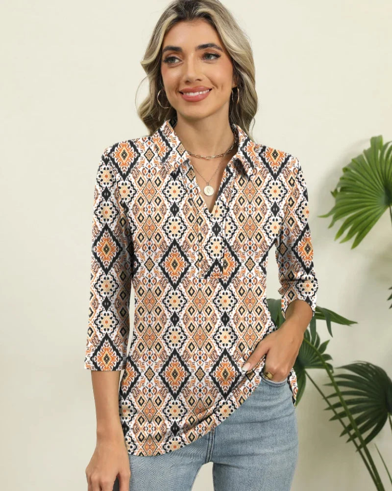 Women's Polo Shirt | Geometric Print V-Neck Short Sleeve