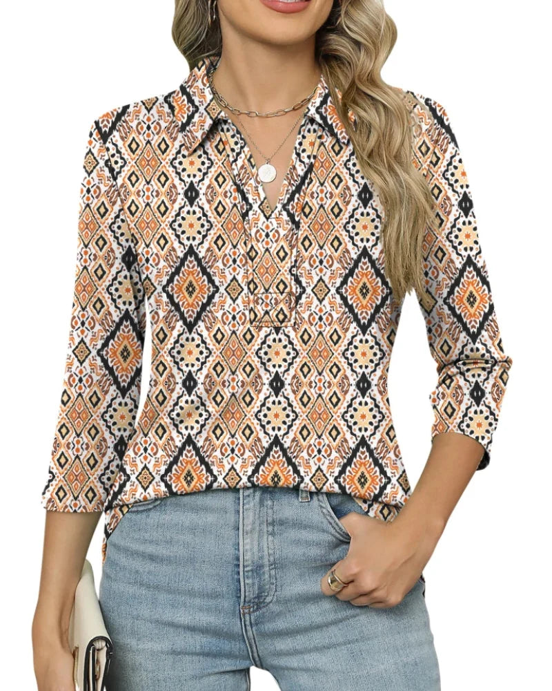 Women's Polo Shirt | Geometric Print V-Neck Short Sleeve
