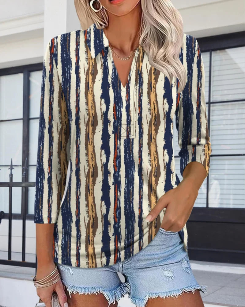 Women's Polo Shirt | Geometric Print V-Neck Short Sleeve