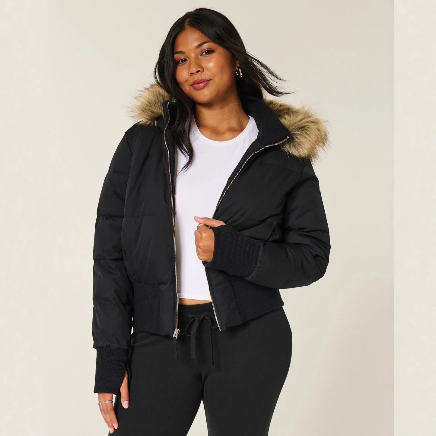 Women's Puffer Coat | Quilted Hooded Faux Fur Trim