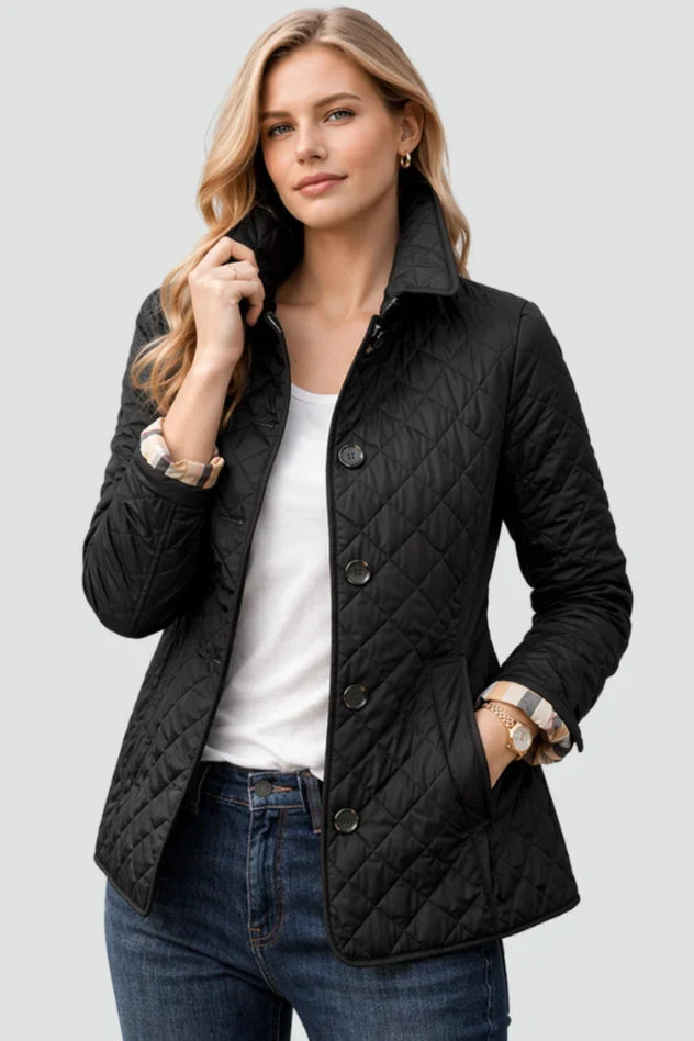 Women's Quilted Jacket | Diamond Quilted Button Front Long Sleeve