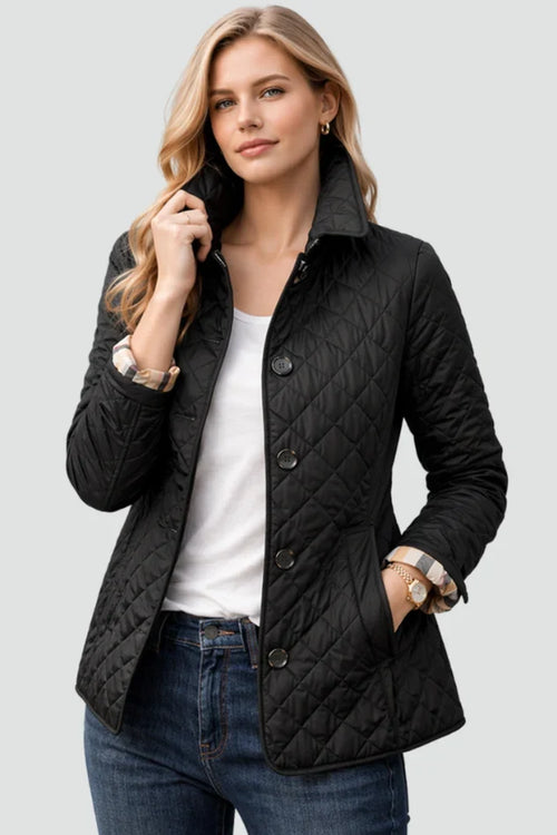 Women's Quilted Jacket | Diamond Quilted Button Front Long Sleeve