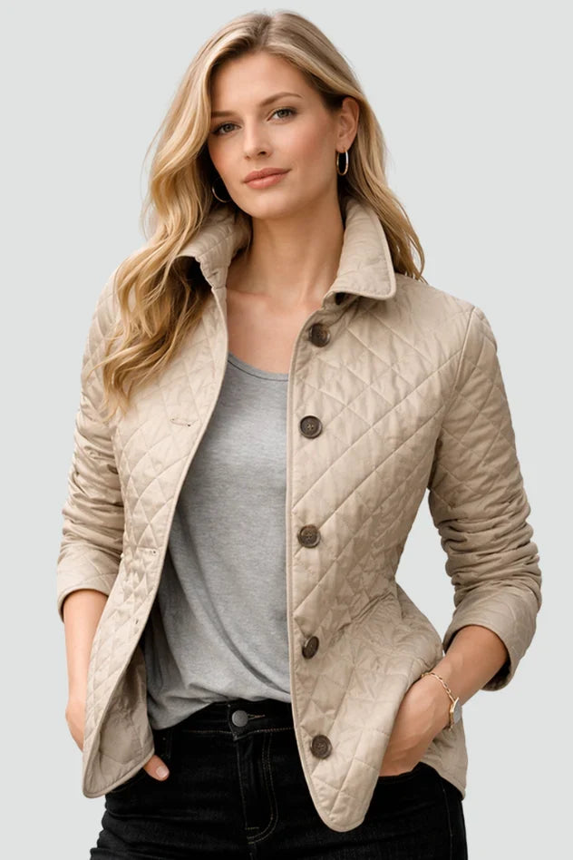 Women's Quilted Jacket | Diamond Quilted Button Front Long Sleeve