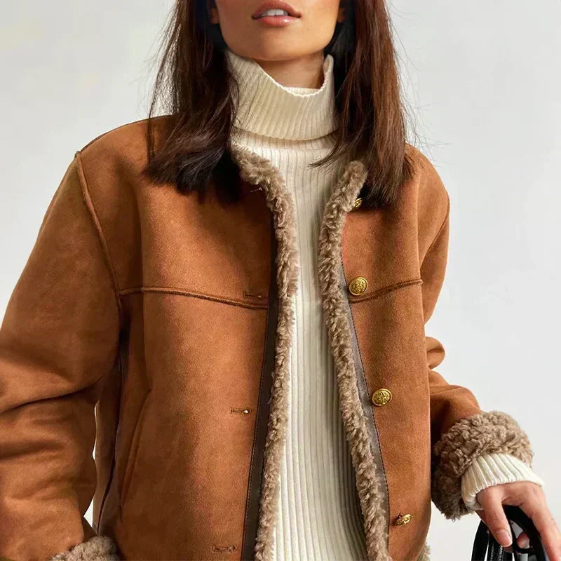 Women's Shearling Jacket | Brown Button Front Long Sleeve