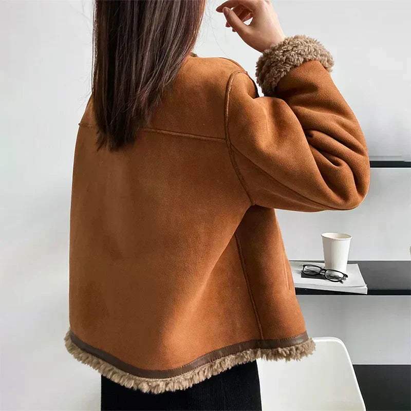 Women's Shearling Jacket | Brown Button Front Long Sleeve