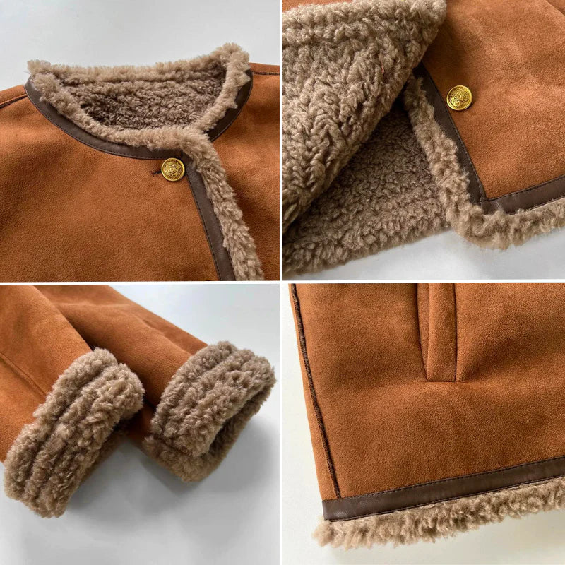 Women's Shearling Jacket | Brown Button Front Long Sleeve