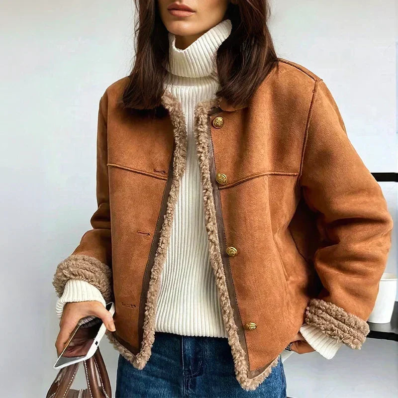Women's Shearling Jacket | Brown Button Front Long Sleeve