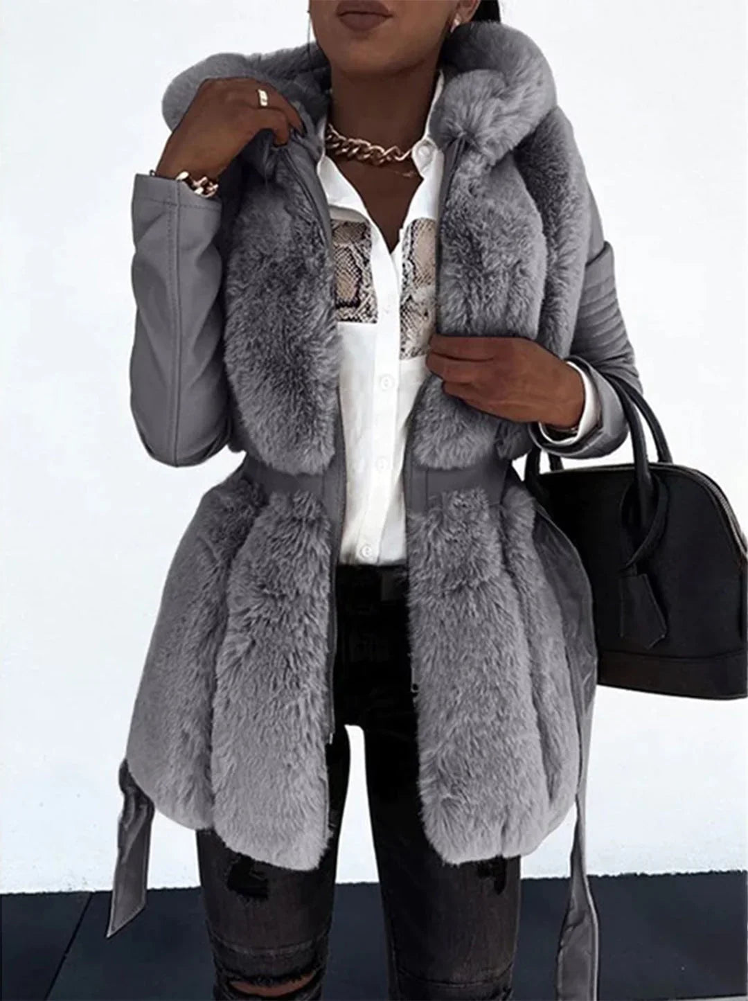 Women's Weatherproof Jacket | Faux Fur Hooded Faux Leather Sleeve