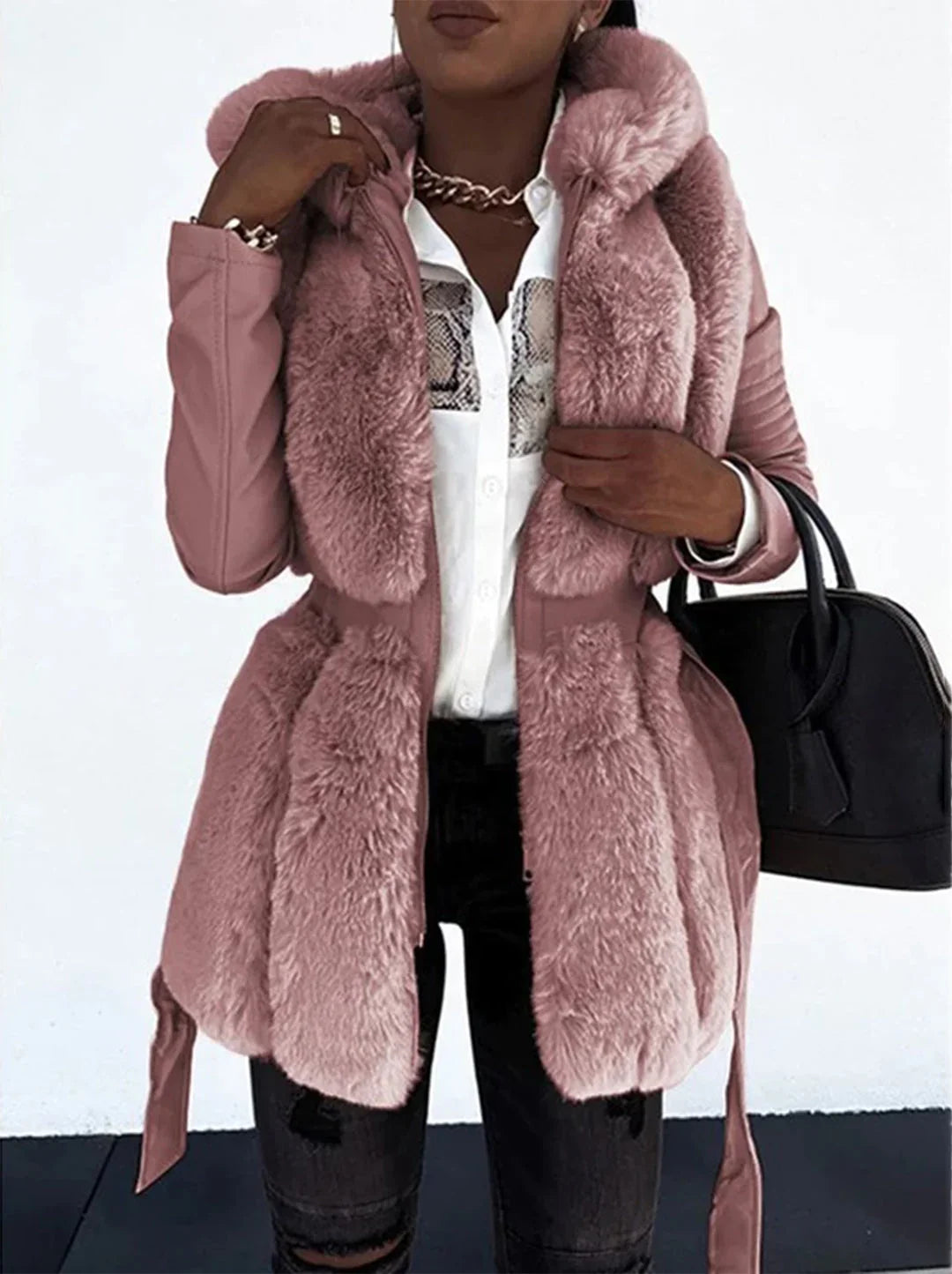 Women's Weatherproof Jacket | Faux Fur Hooded Faux Leather Sleeve