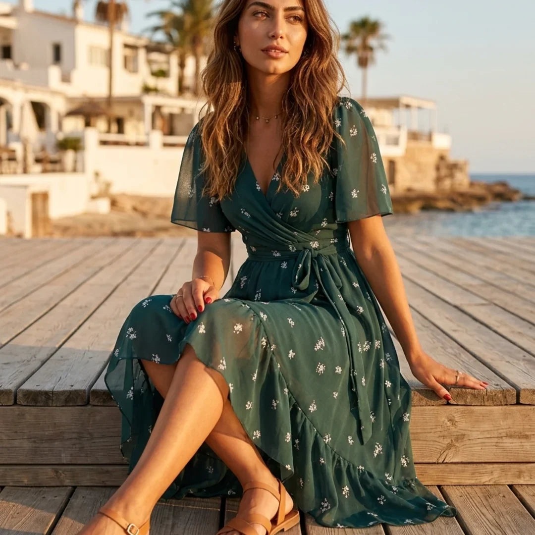 Women's Wedding Guest Dress | Midi Floral Wrap Flutter Sleeve