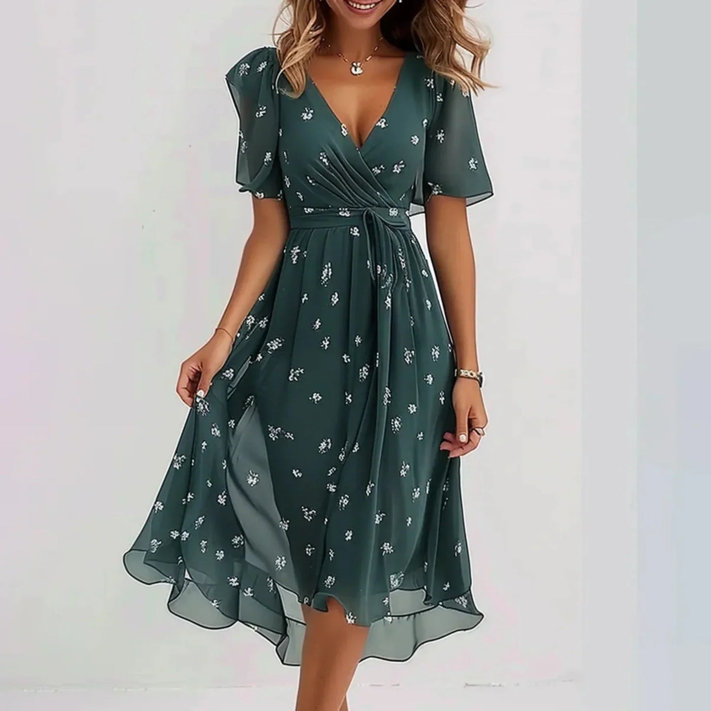 Women's Wedding Guest Dress | Midi Floral Wrap Flutter Sleeve