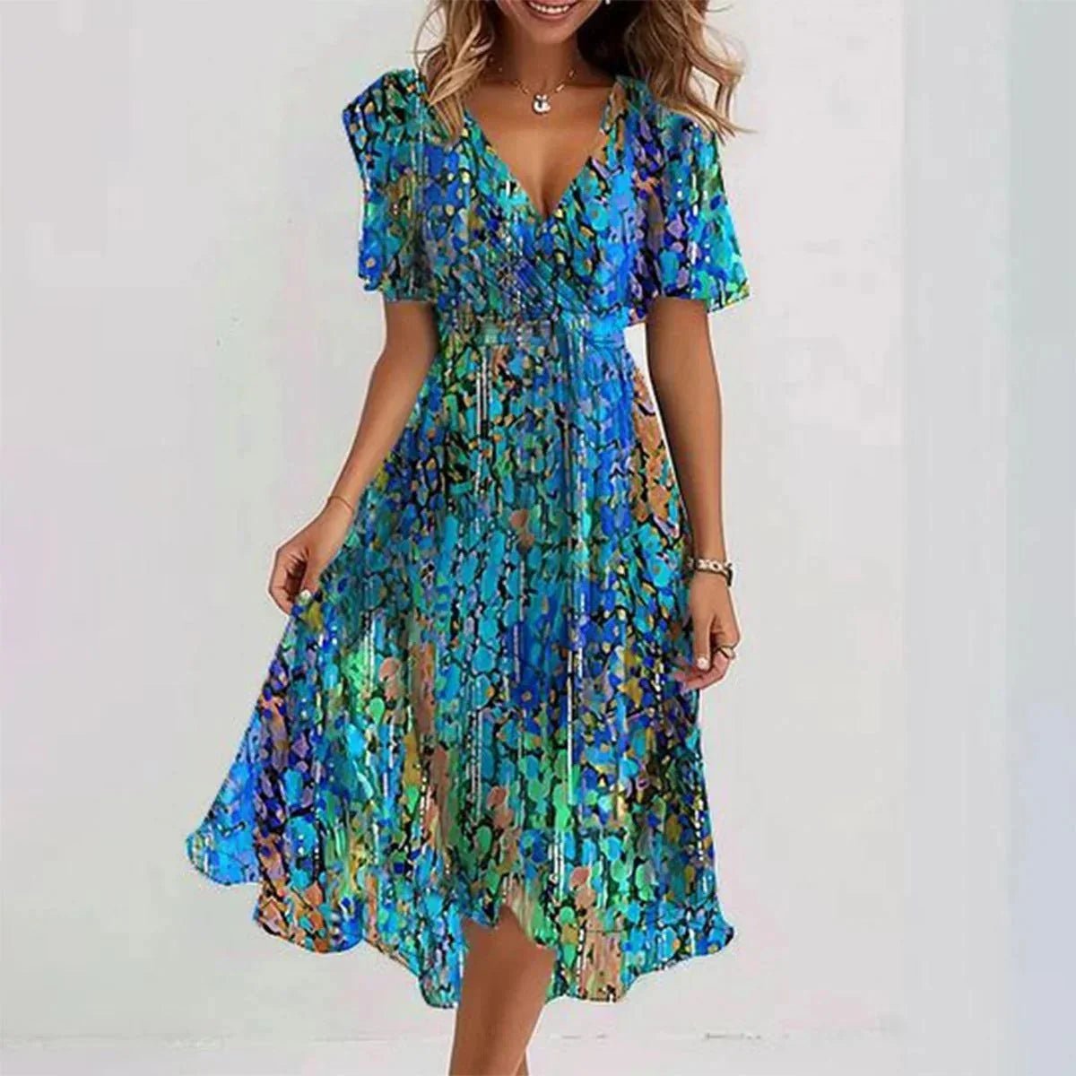 Women's Wedding Guest Dress | Midi Floral Wrap Flutter Sleeve