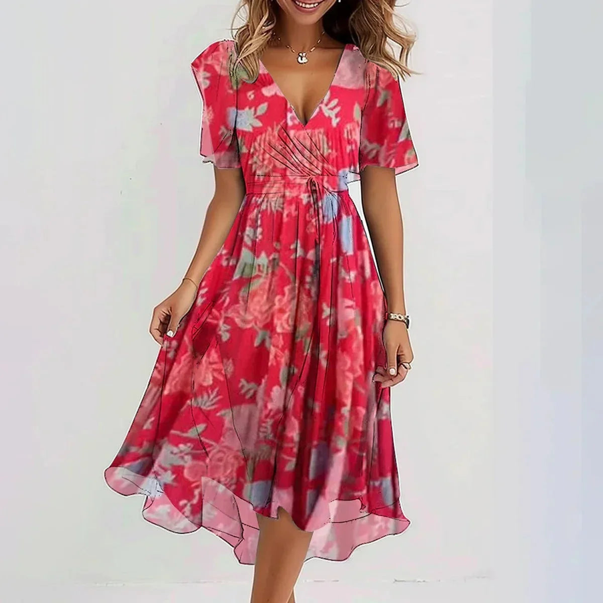 Women's Wedding Guest Dress | Midi Floral Wrap Flutter Sleeve