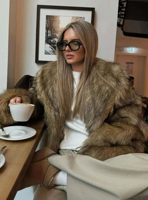 Amelia | Women's Brown Faux Fur Long-Sleeve Winter Coat