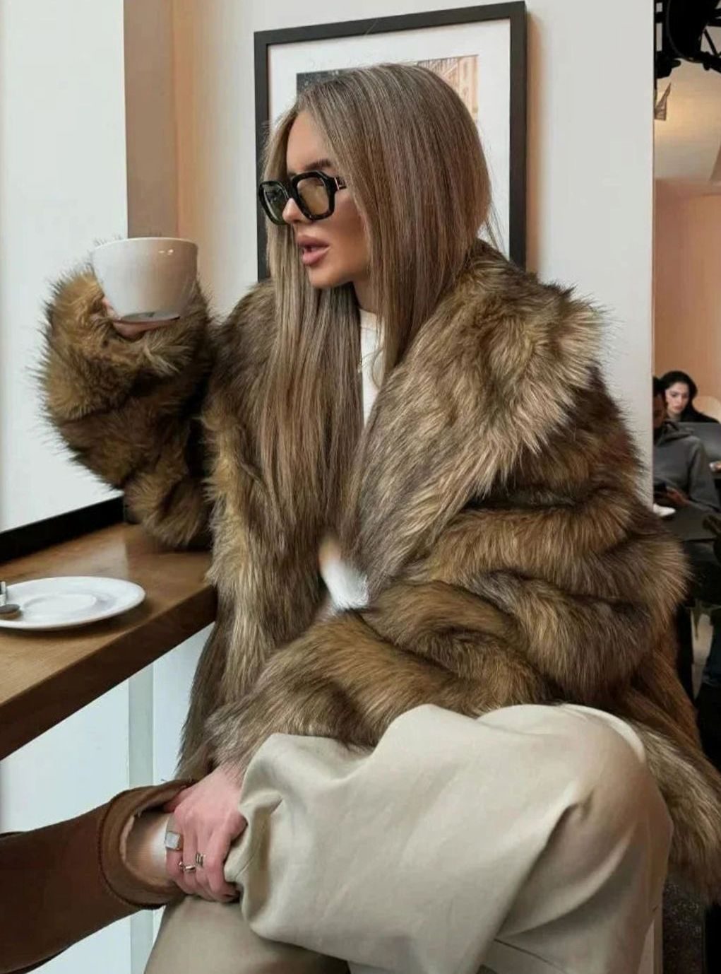 Amelia | Women's Brown Faux Fur Long-Sleeve Winter Coat