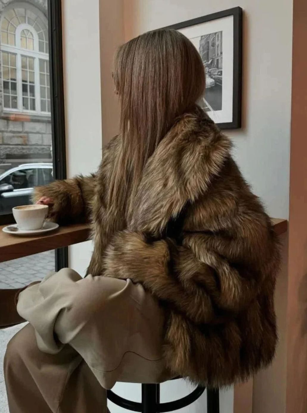 Amelia | Women's Brown Faux Fur Long-Sleeve Winter Coat