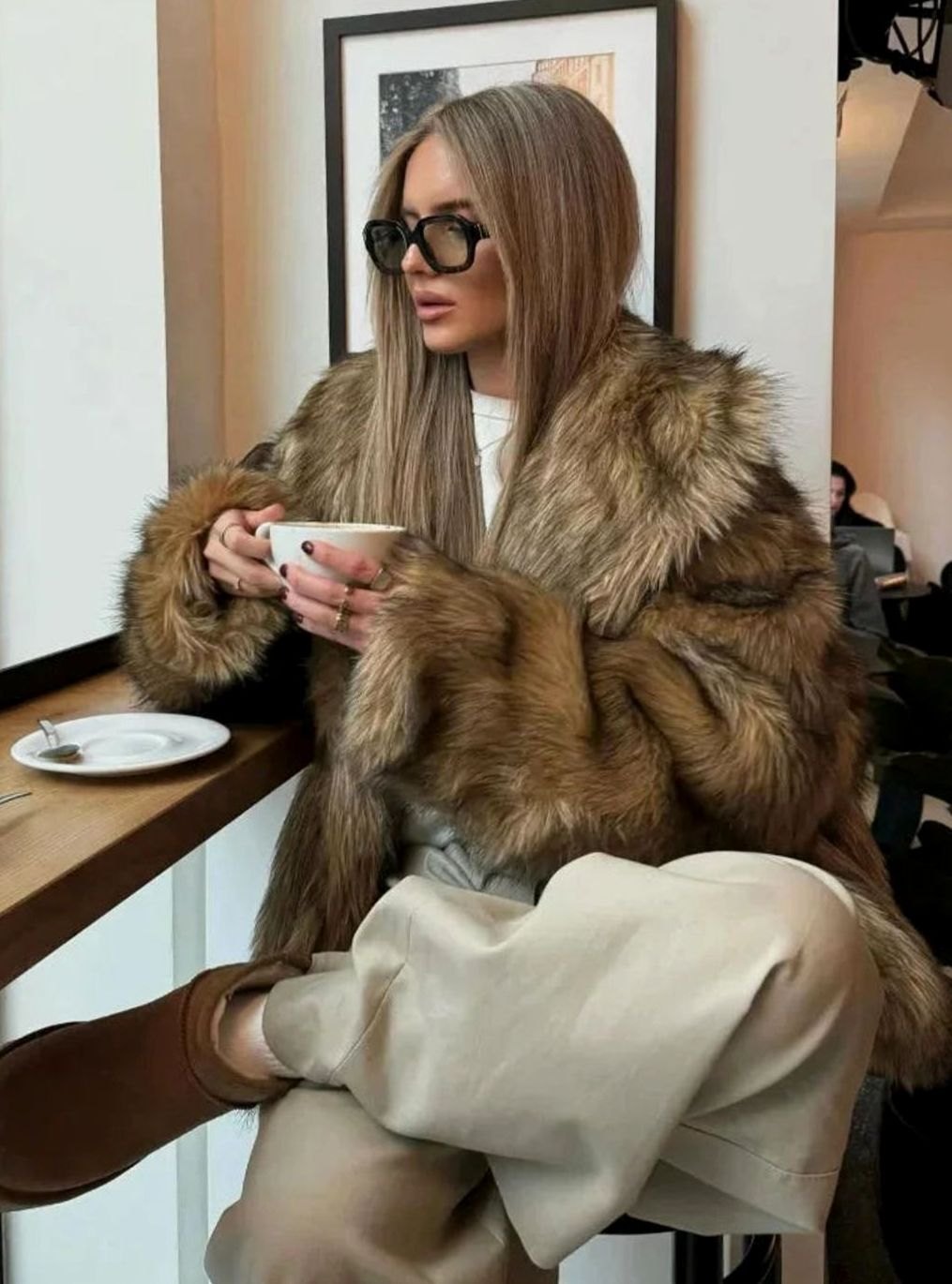 Amelia | Women's Brown Faux Fur Long-Sleeve Winter Coat